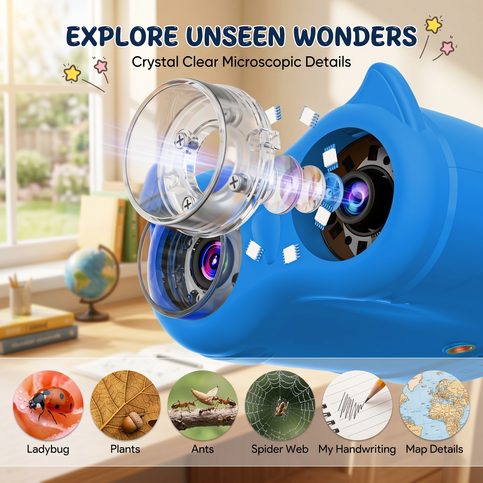OAEBLLE 2-in-1 Kids Digital Microscope & Telescope,1080P Camera, 2.0" Screen, 1000X/10X Magnification STEM Toy (Blue) - Image 2