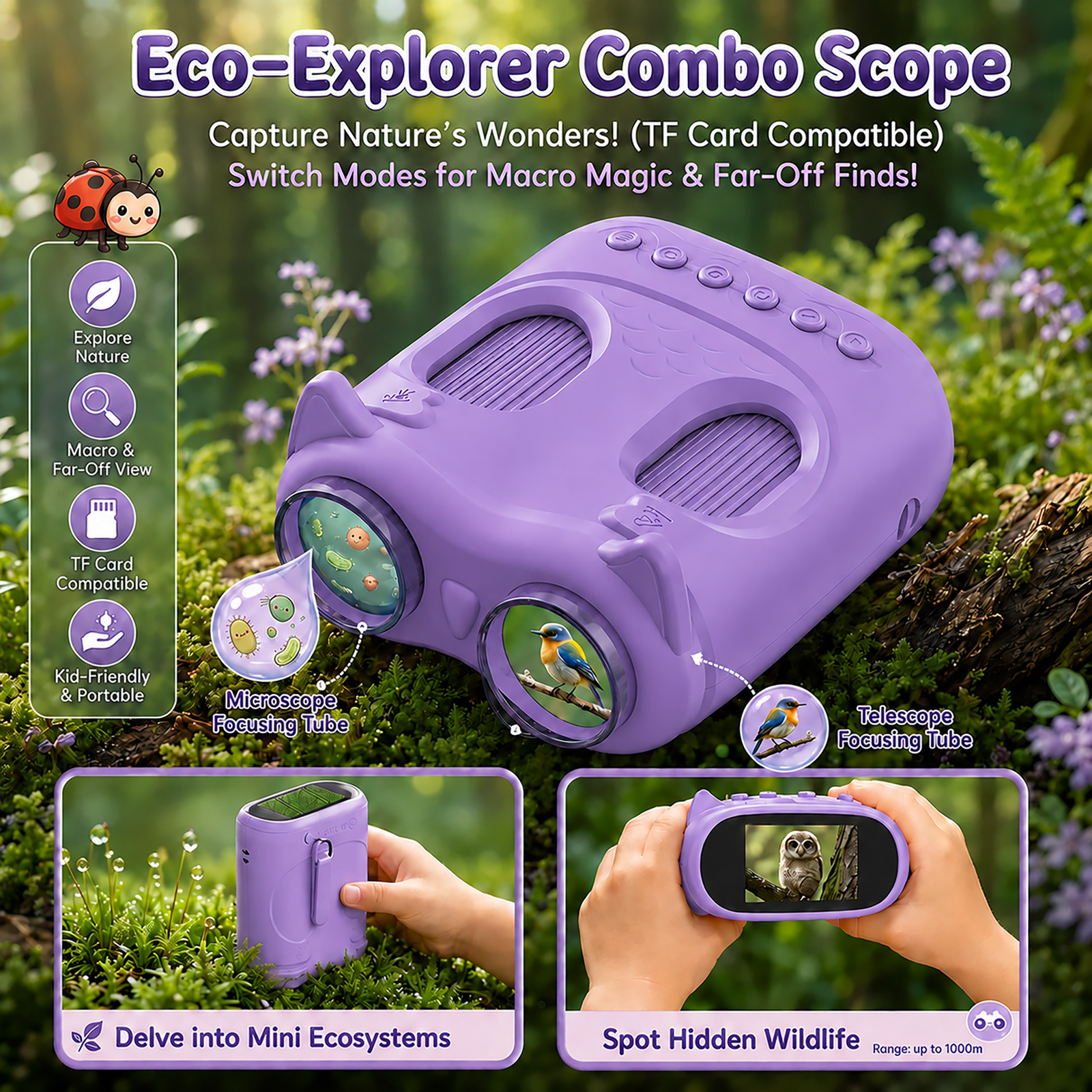 OAEBLLE 2-in-1 Kids Digital Microscope & Telescope,1080P Camera, 2.0" Screen, 1000X/10X Magnification STEM Toy (Purple) - Image 5