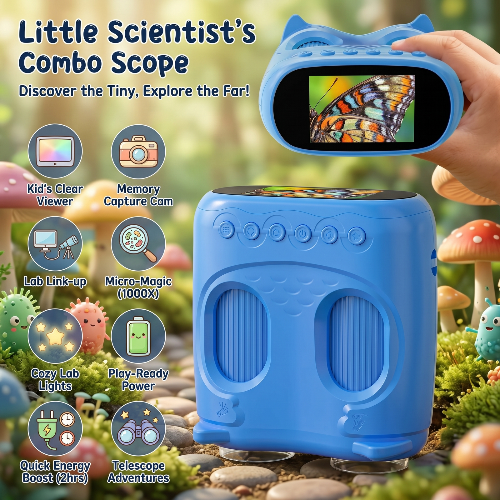 OAEBLLE 2-in-1 Kids Digital Microscope & Telescope,1080P Camera, 2.0" Screen, 1000X/10X Magnification STEM Toy (Blue) - Image 4