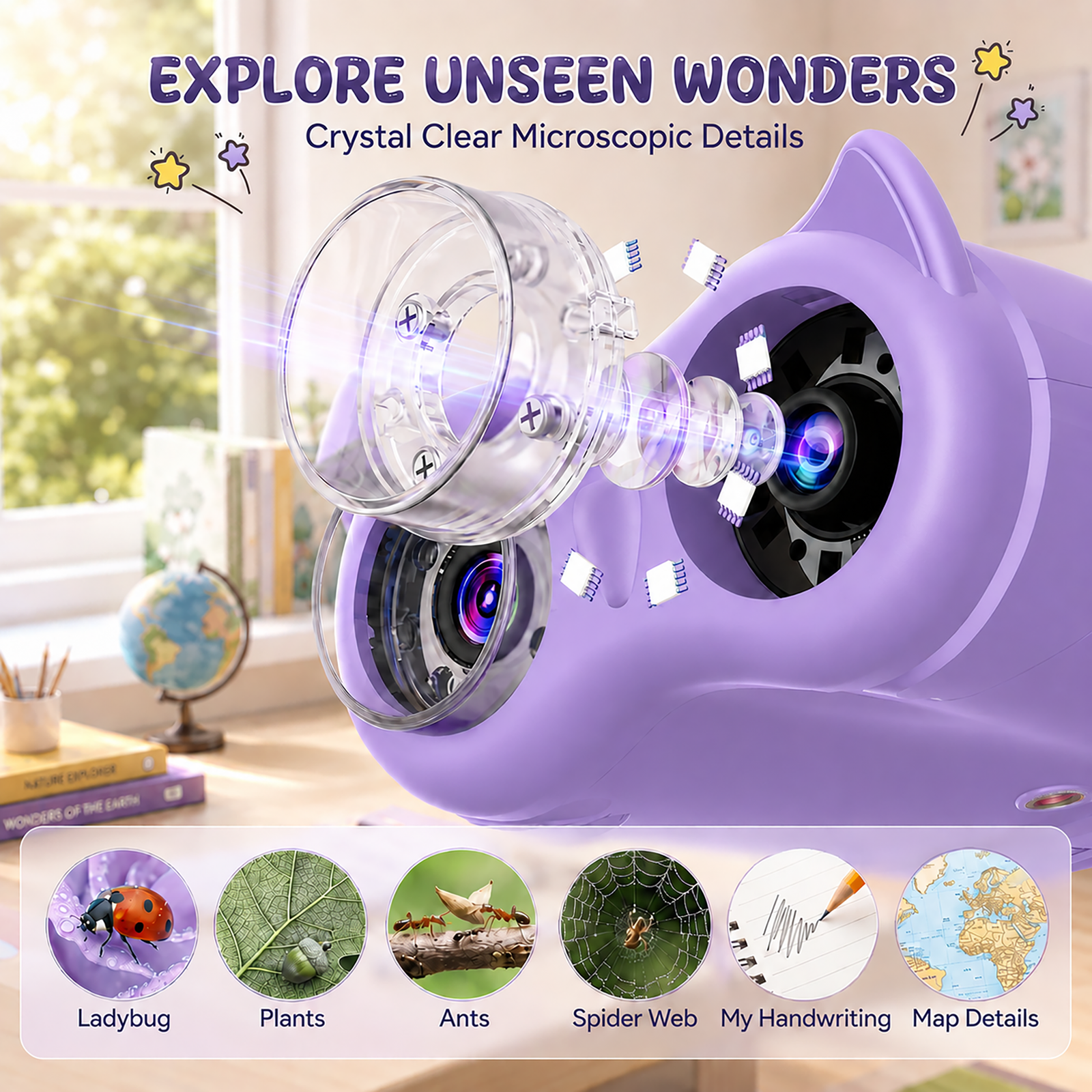OAEBLLE 2-in-1 Kids Digital Microscope & Telescope,1080P Camera, 2.0" Screen, 1000X/10X Magnification STEM Toy (Purple) - Image 2