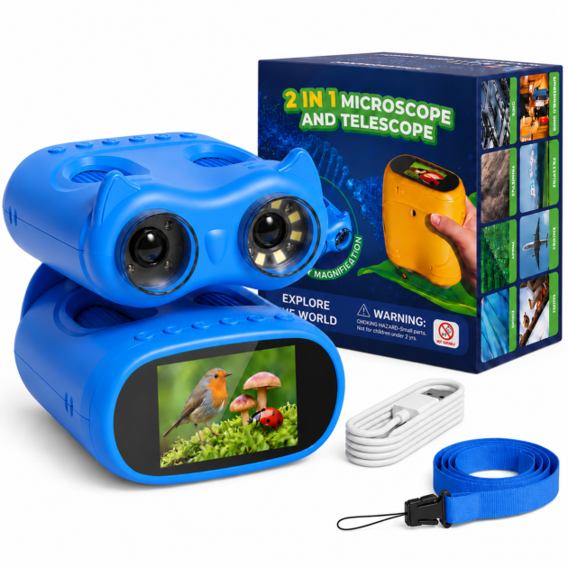OAEBLLE 2-in-1 Kids Digital Microscope & Telescope,1080P Camera, 2.0" Screen, 1000X/10X Magnification STEM Toy (Blue)