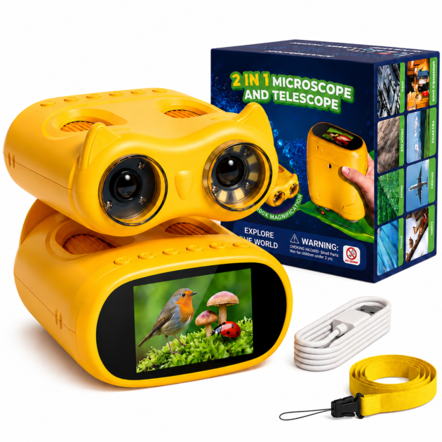 OAEBLLE 2-in-1 Kids Digital Microscope & Telescope,1080P Camera, 2.0" Screen, 1000X/10X Magnification STEM Toy (Yellow)