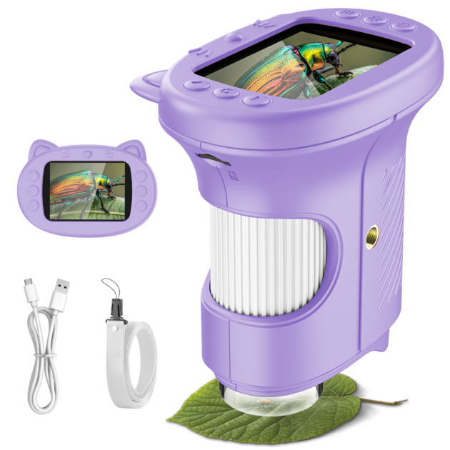 OAEBLLE Kids Digital Microscope with 2.4" Screen, 4K 1000X Magnification Portable Pocket Microscope, Purple STEM Educational Science Toy Gifts for Girls Ages 4-8